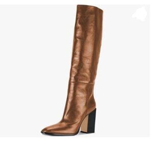FSJ Brown Knee High Round Toe Chunky Heel Pull On Party Dress Shoes
